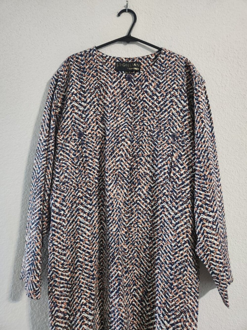 St. Gillian Kay Unger Herringbone Print Midi Dress Women’s Silk L/S size 14 - Picture 2 of 6